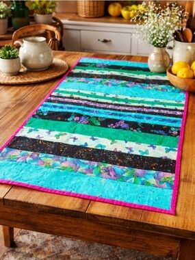 Striped Quilt Table Runner with Butterfly Patterns Boho Maximalist Decor 24x38